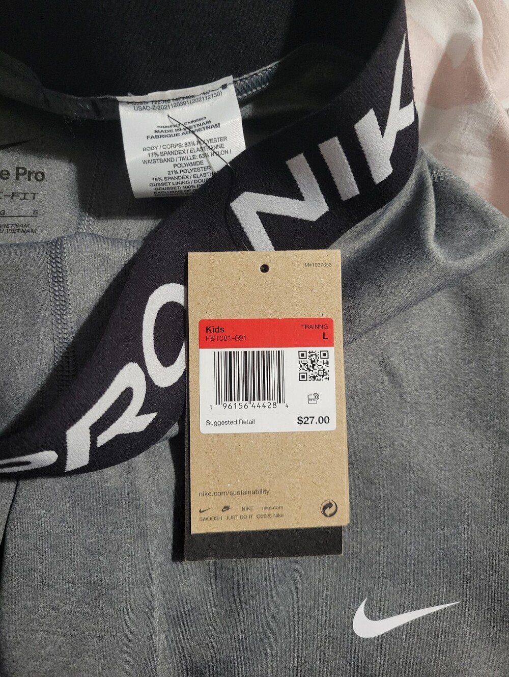 Girls Nike Gray Athletic Compression Shorts with Black NIKE PRO Waistband - Picture 2 of 3